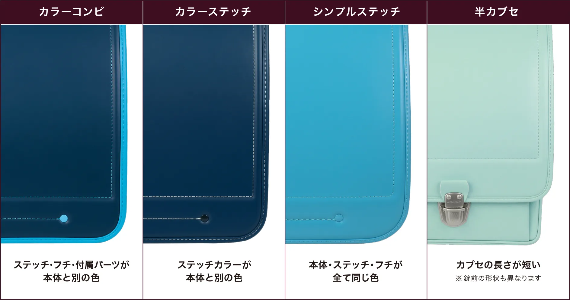 ステッチやフチの色、カブセの長さが異なる4種類のデザイン